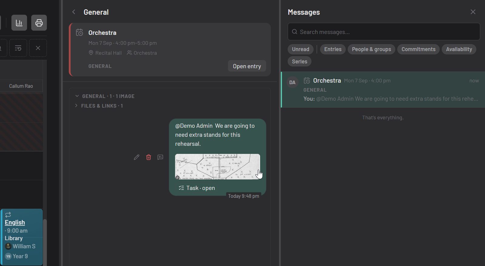 The messages panel, with the thread for that entry open beside it.